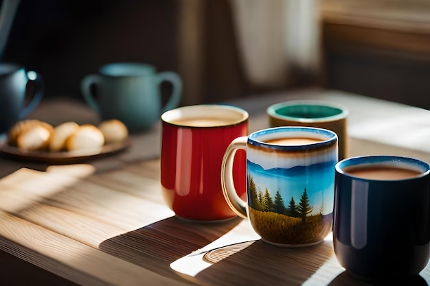 Eine bunte Tasse mit einer Bergszene darauf