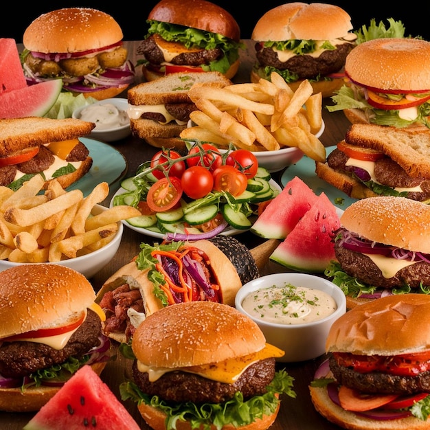 Eine bunte Vielfalt an Sandwiches und Burgers mit frischem Gemüse