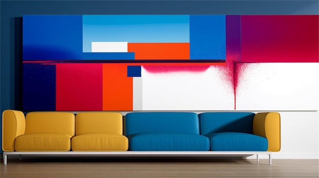 Eine bunte Wand mit einer bunten Couch und einem blau-gelben Sofa.