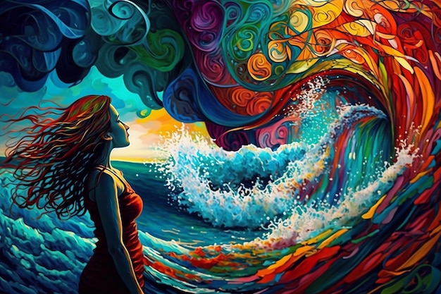 Eine bunte Welle um eine helle Frau, helle Farben, ein Ozean der Liebe.