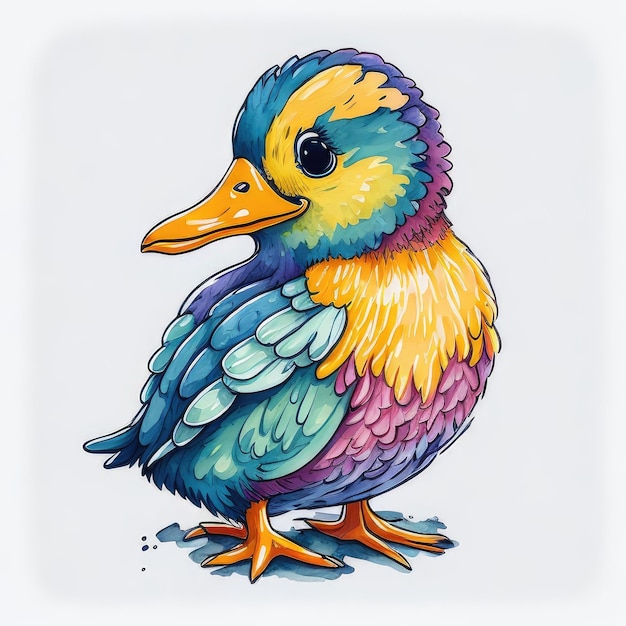 Eine bunte Zeichnung einer Ente mit einem blauen Schnabel.