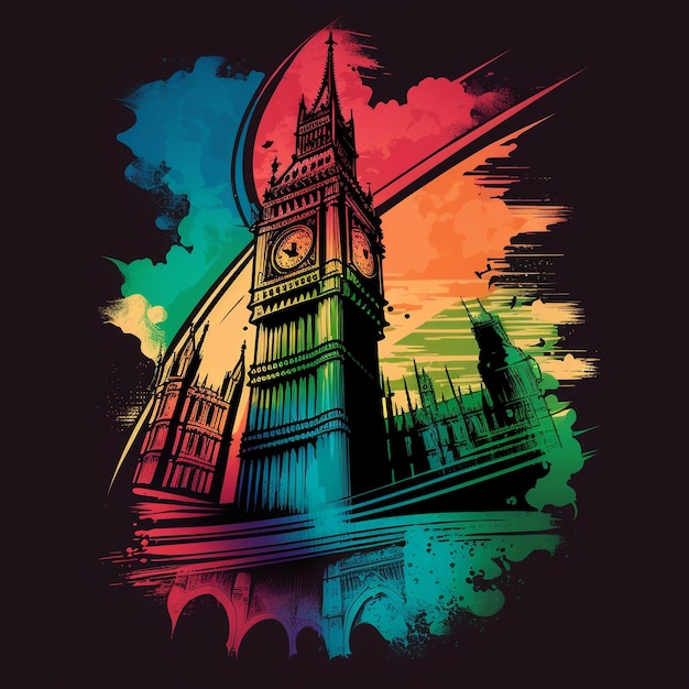 Eine bunte Zeichnung von Big Ben mit einer Uhr darauf.