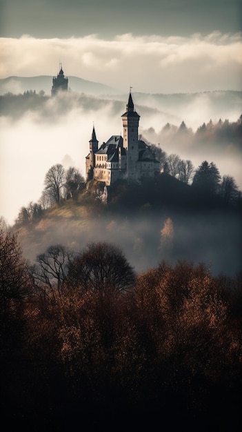 Eine Burg auf einem Hügel im Nebel