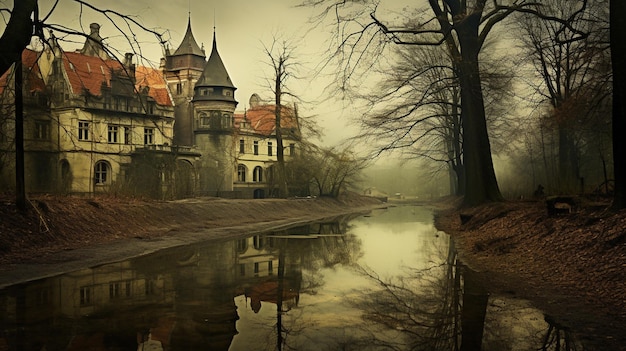 Eine Burg mit einer Spiegelung einer Burg im Wasser.