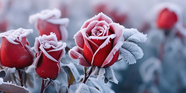 Eine burgunderrot blühende Rose, bedeckt mit weißem Reif