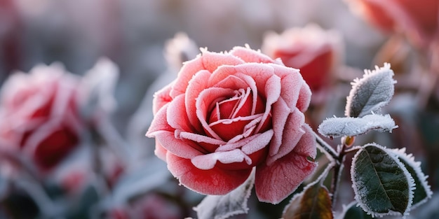 Eine burgunderrot blühende Rose, bedeckt mit weißem Reif