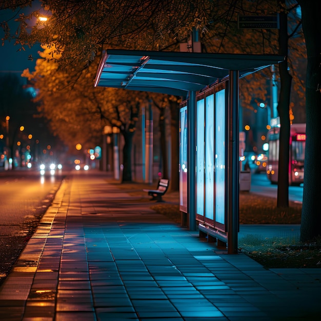 Eine Bushaltestelle auf einer Stadtstraße in der Nacht