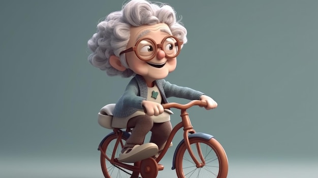 Eine Cartoon-Dame auf einem Fahrrad mit einem breiten Lächeln auf ihrem Gesicht.