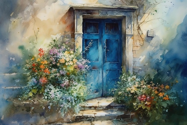 eine Cartoon-Darstellung einer Tür, um die herum Blumen wachsen, in Blau