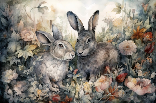 eine Cartoon-Darstellung von zwei Kaninchen, die auf einer Wiese voller Blumen herumtollen