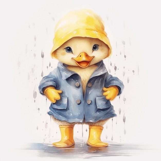 Eine Cartoon-Ente mit blauem Regenmantel und gelbem Hut steht im Regen.