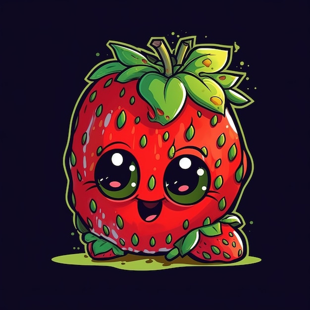 Eine Cartoon-Erdbeere mit grünen Augen und einem Lächeln im Gesicht.