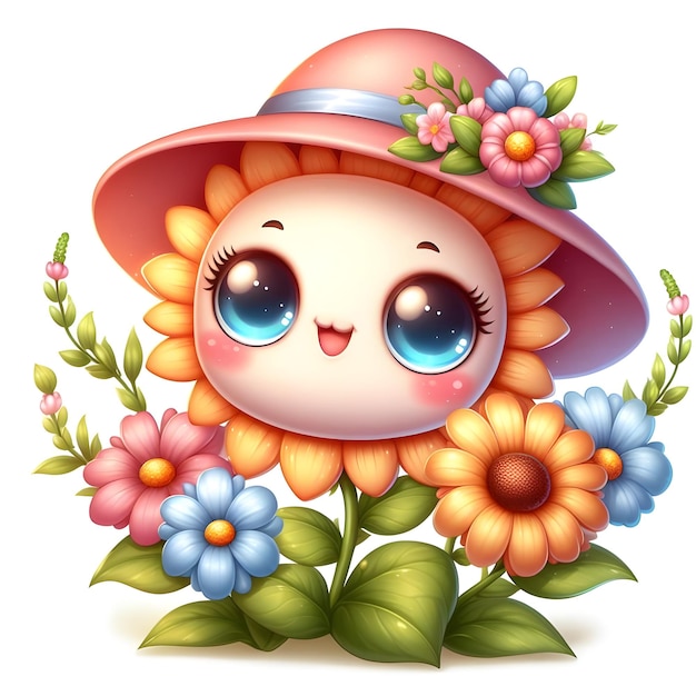 eine Cartoon-Eule mit blauen Augen und einem Hut mit Blumen darauf