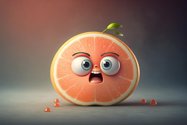 Eine Cartoon-Grapefruit mit Gesicht und Augen ist auf einem grauen Hintergrund