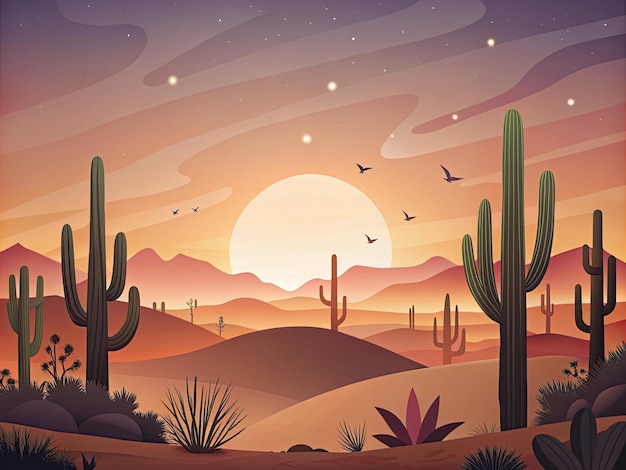 eine Cartoon-Illustration der Wüste mit Sonne und Kaktus
