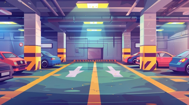 Eine Cartoon-Illustration, die geparkte Autos auf einem Parkplatz im Keller mit Betonboden und Säulen zeigt Öffentliche Garage für den Transport