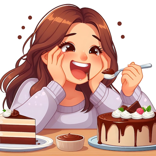 eine Cartoon-Illustration einer Frau, die einen Teller Kuchen und einen Kuchen mit einem Löffel isst