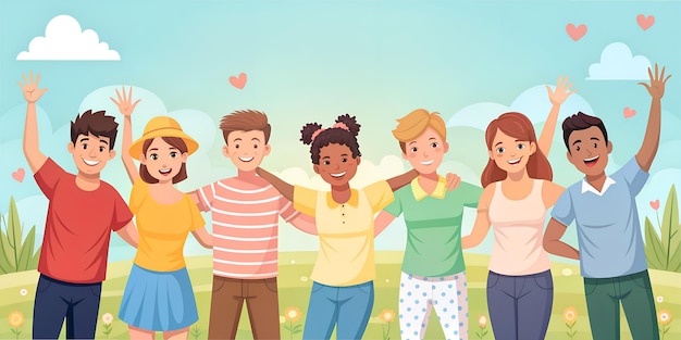 eine Cartoon-Illustration einer Gruppe von Kindern mit den Wörtern Kinder auf dem FriendshipDay