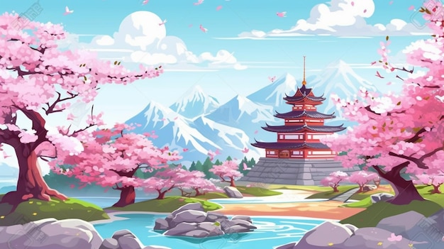 Eine Cartoon-Illustration einer japanischen Pagode, die von Bäumen und Felsen umgeben ist.