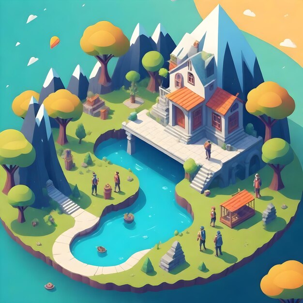 eine Cartoon-Illustration einer kleinen Insel mit einem Pool und einem Haus in der Mitte