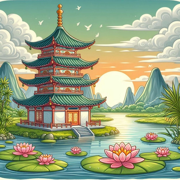 Eine Cartoon-Illustration einer Pagode an einem See mit Wasserlilien