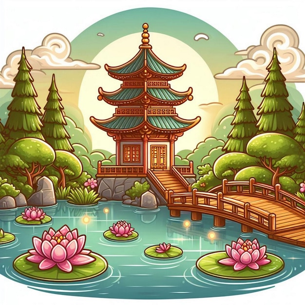 Eine Cartoon-Illustration einer Pagode an einem See mit Wasserlilien