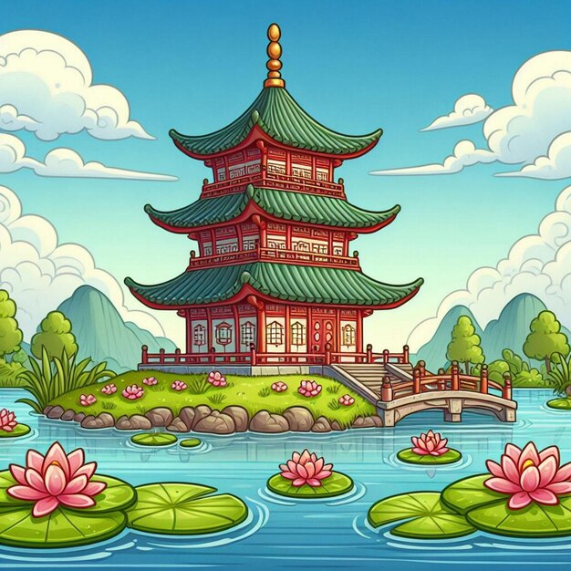 Eine Cartoon-Illustration einer Pagode an einem See mit Wasserlilien