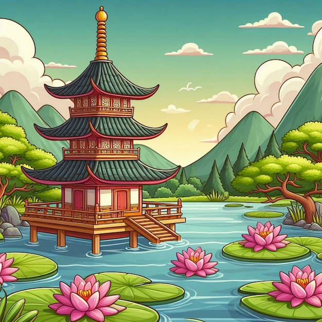 Eine Cartoon-Illustration einer Pagode an einem See mit Wasserlilien