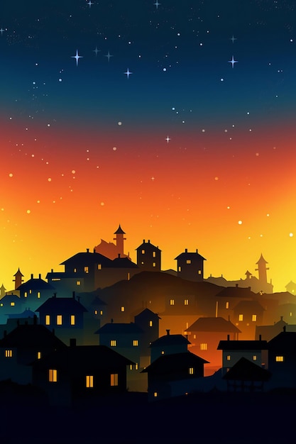 Eine Cartoon-Illustration einer Stadt bei Nacht mit Sonnenuntergang im Hintergrund.