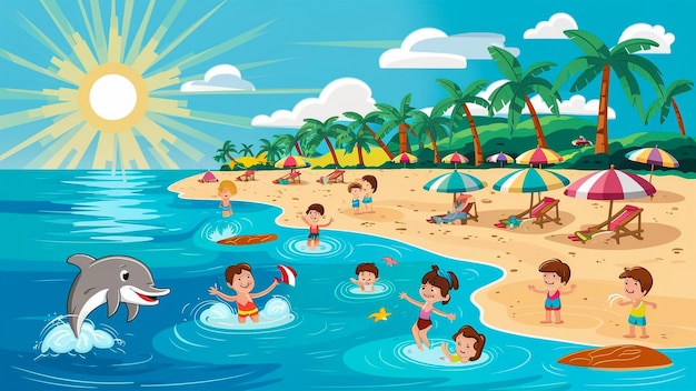 eine Cartoon-Illustration einer Strandszene mit Menschen, die schwimmen und die Sonne auf dem Wasser scheint