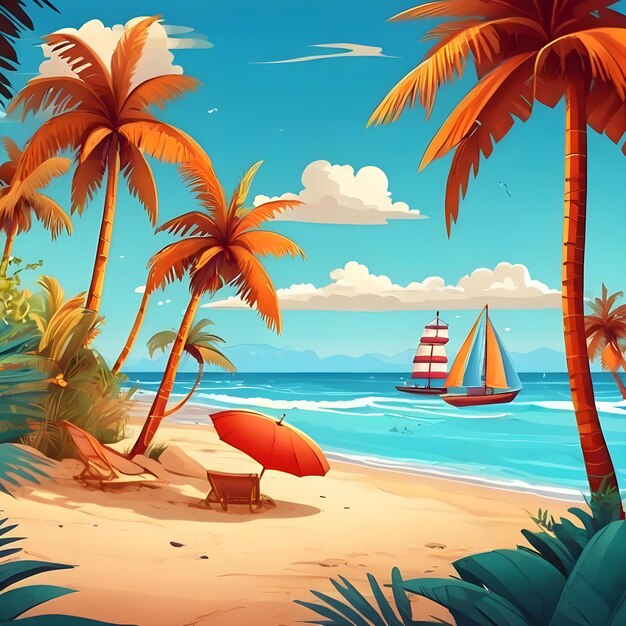 eine Cartoon-Illustration einer Strandszene mit Palmen und einem Segelboot