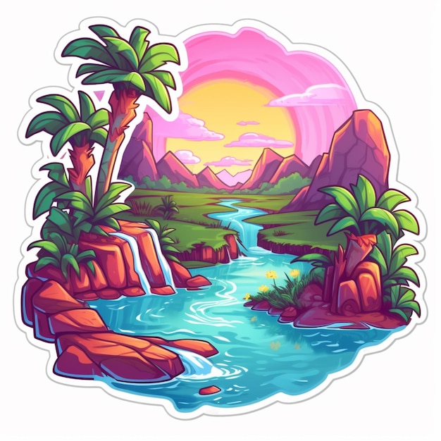 eine Cartoon-Illustration einer tropischen Landschaft mit einem Fluss und generativen Palmen