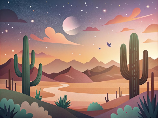 eine Cartoon-Illustration einer Wüstenlandschaft mit Wüstenlandskap und Bergen