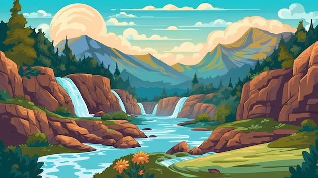 Eine Cartoon-Illustration eines Bergflusses mit einem Wasserfall-Generativ ai
