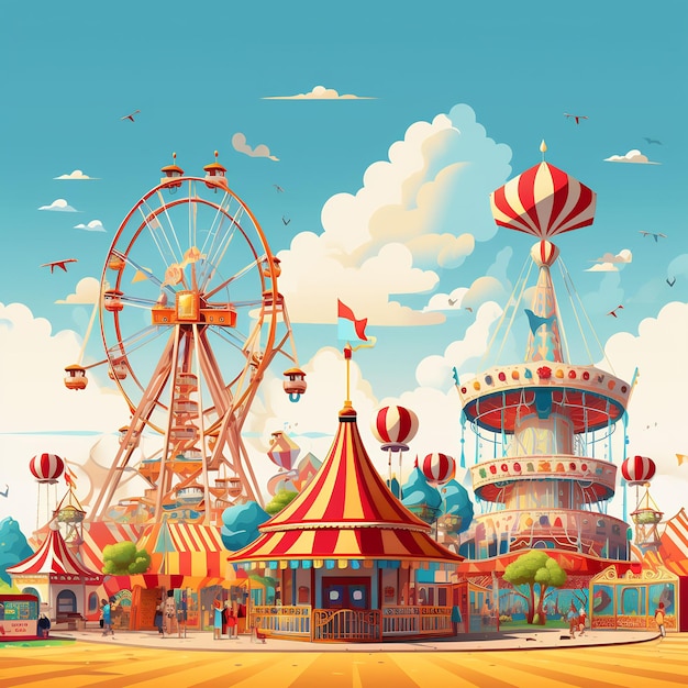 eine Cartoon-Illustration eines Karnevals mit einem Riesenrad im Hintergrund