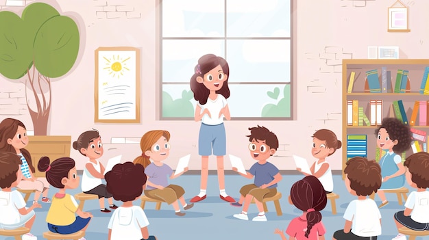 eine Cartoon-Illustration eines Lehrers mit Kindern in einem Klassenzimmer