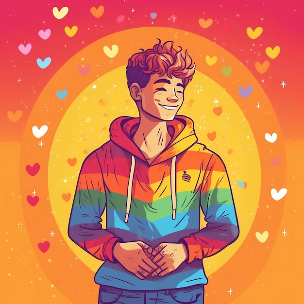 Foto eine cartoon-illustration eines mannes, der einen regenbogen-hoodie mit herzen um ihn herum trägt.