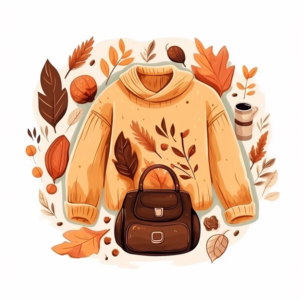 eine Cartoon-Illustration eines Pullovers und einer Handtasche, die von Herbstblättern umgeben ist