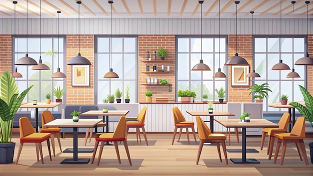 eine Cartoon-Illustration eines Restaurants mit einer Backsteinwand und einem Tisch mit Stühlen