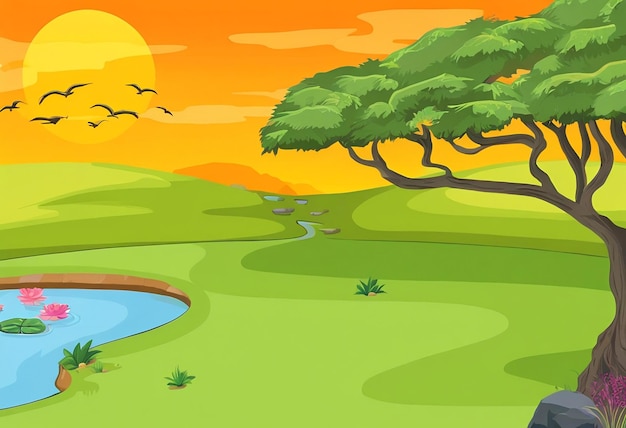 eine Cartoon-Illustration eines Teiches mit einem Teich und Bäumen
