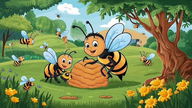 eine Cartoon-Illustration von Bienen und einer Biene