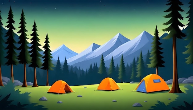 eine Cartoon-Illustration von Campingzelten vor einer Bergkette