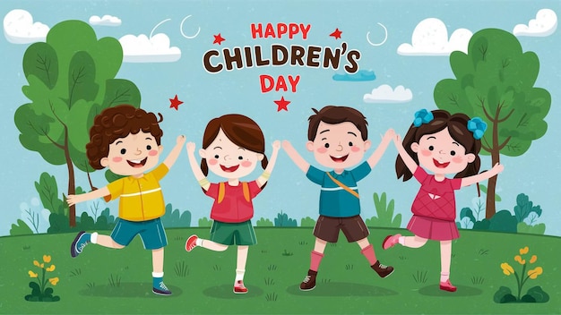 eine Cartoon-Illustration von Kindern mit den Worten "glückliche Kinder"