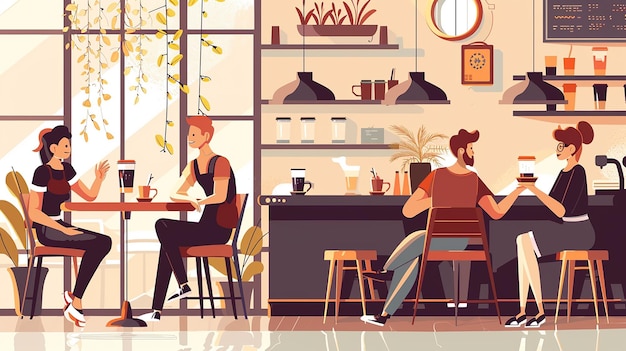 eine Cartoon-Illustration von Menschen, die an einem Tisch in einem Restaurant sitzen