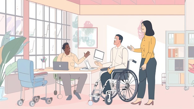 eine Cartoon-Illustration von Menschen in einem Treffen mit einem von ihnen hat einen Computer vor ihnen