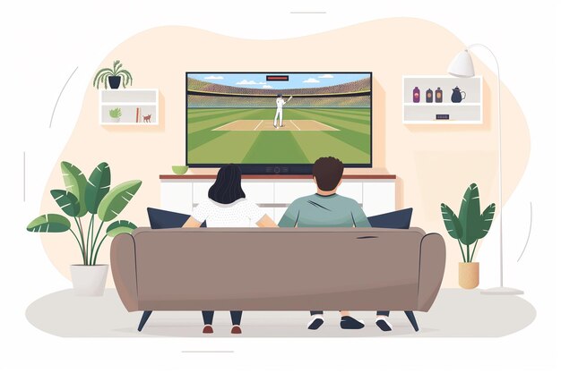 eine Cartoon-Illustration von Paaren, die ein angespanntes Cricket-Spiel im Fernsehen beobachten