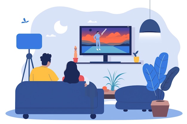 eine Cartoon-Illustration von Paaren, die ein angespanntes Cricket-Spiel im Fernsehen beobachten