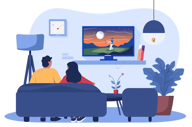 eine Cartoon-Illustration von Paaren, die ein angespanntes Cricket-Spiel im Fernsehen beobachten