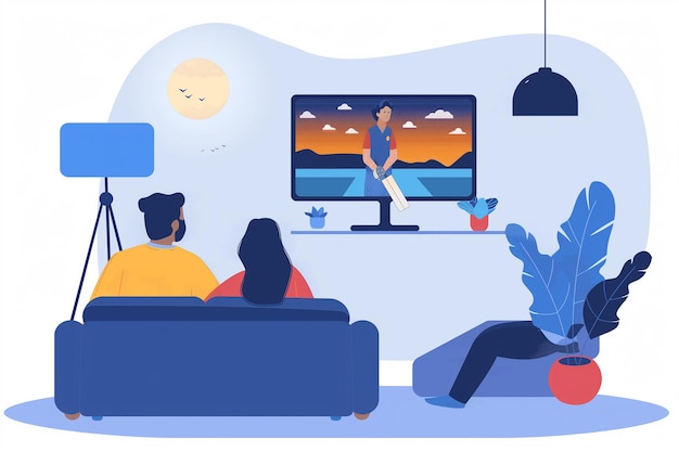 eine Cartoon-Illustration von Paaren, die ein angespanntes Cricket-Spiel im Fernsehen beobachten