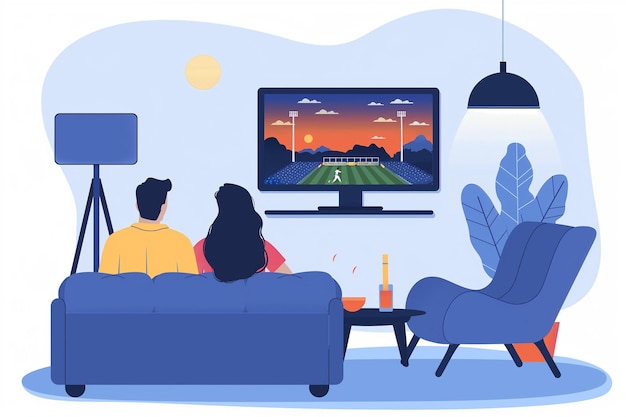 eine Cartoon-Illustration von Paaren, die ein angespanntes Cricket-Spiel im Fernsehen beobachten